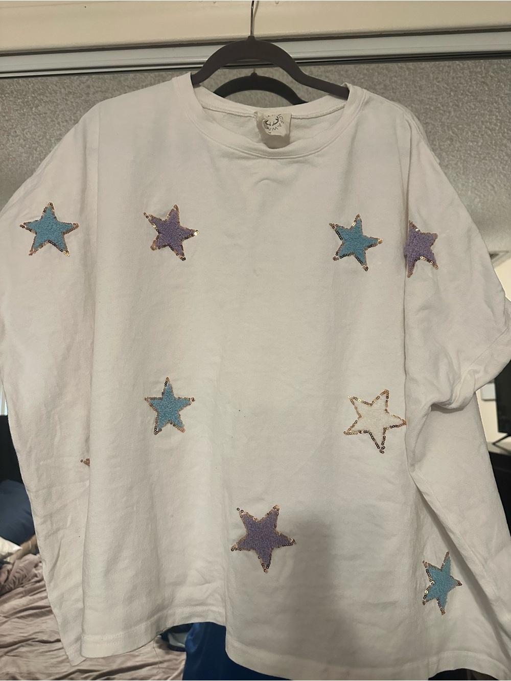 Fantastic Fawn White Top with Blue & Purple Stars